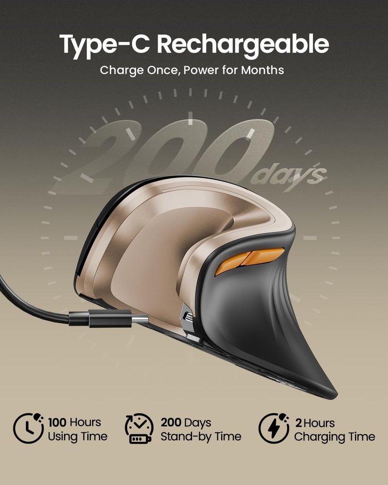 ProtoArc Ergonomic Mouse, EM11 NL Bluetooth Rechargeable Wireless Vertical Mouse, 3 Multi-Device Connectivity for Computer/PC/Laptop, 2.4GHz Optical Mice for Windows, Mac OS, Black Gold - Image 3